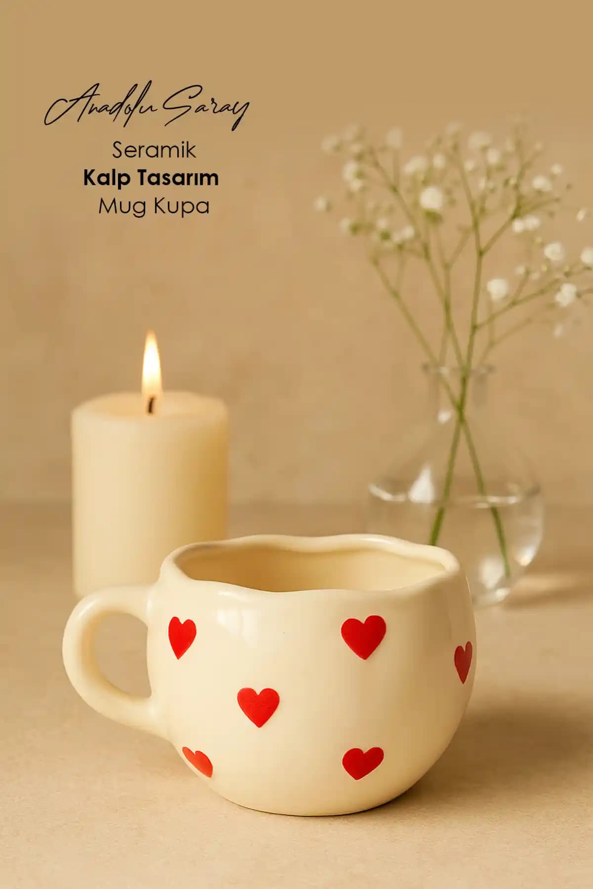 Anadolu Saray El Yapımı Seramik Kalp Damalı Mug Modern Tasarım ve Dayanıklılık