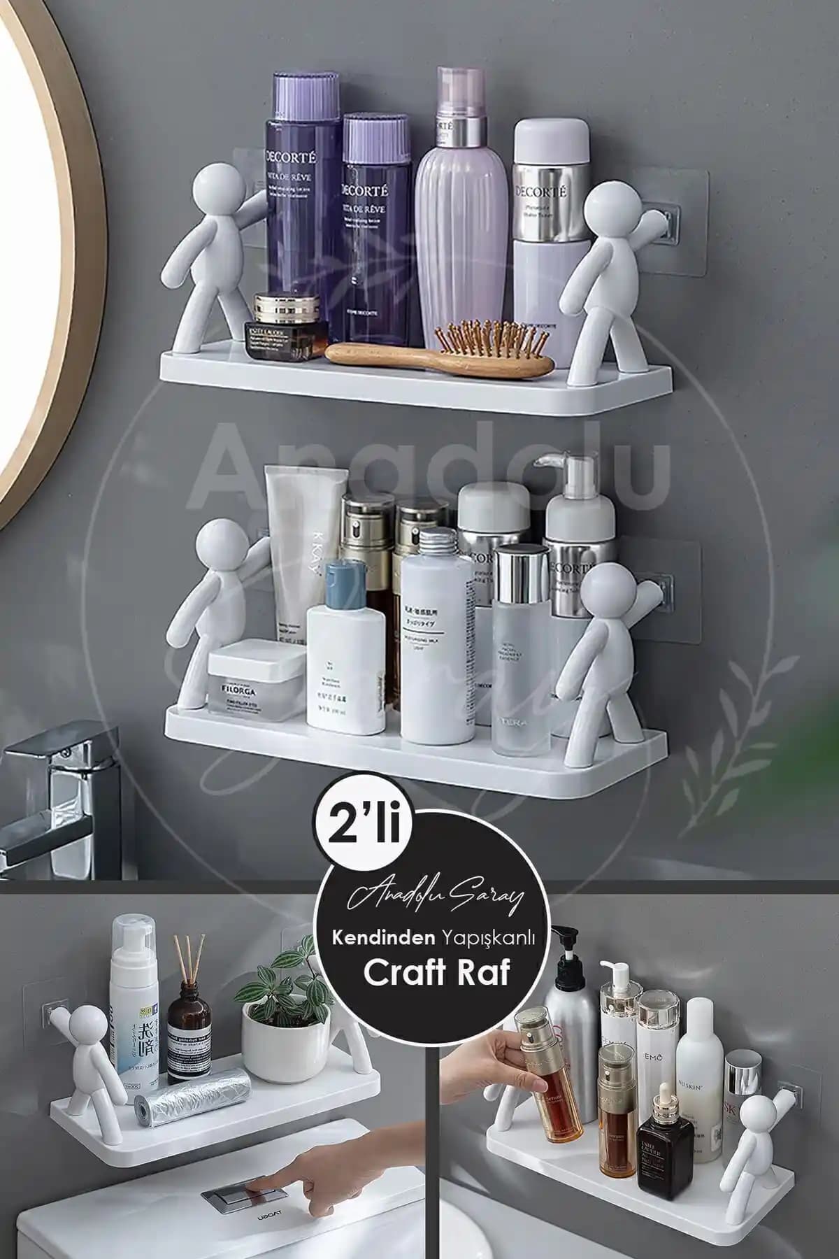 Anadolu Saray Kendinden Yapışkanlı Banyo ve Dekoratif Duvar Rafları Seti