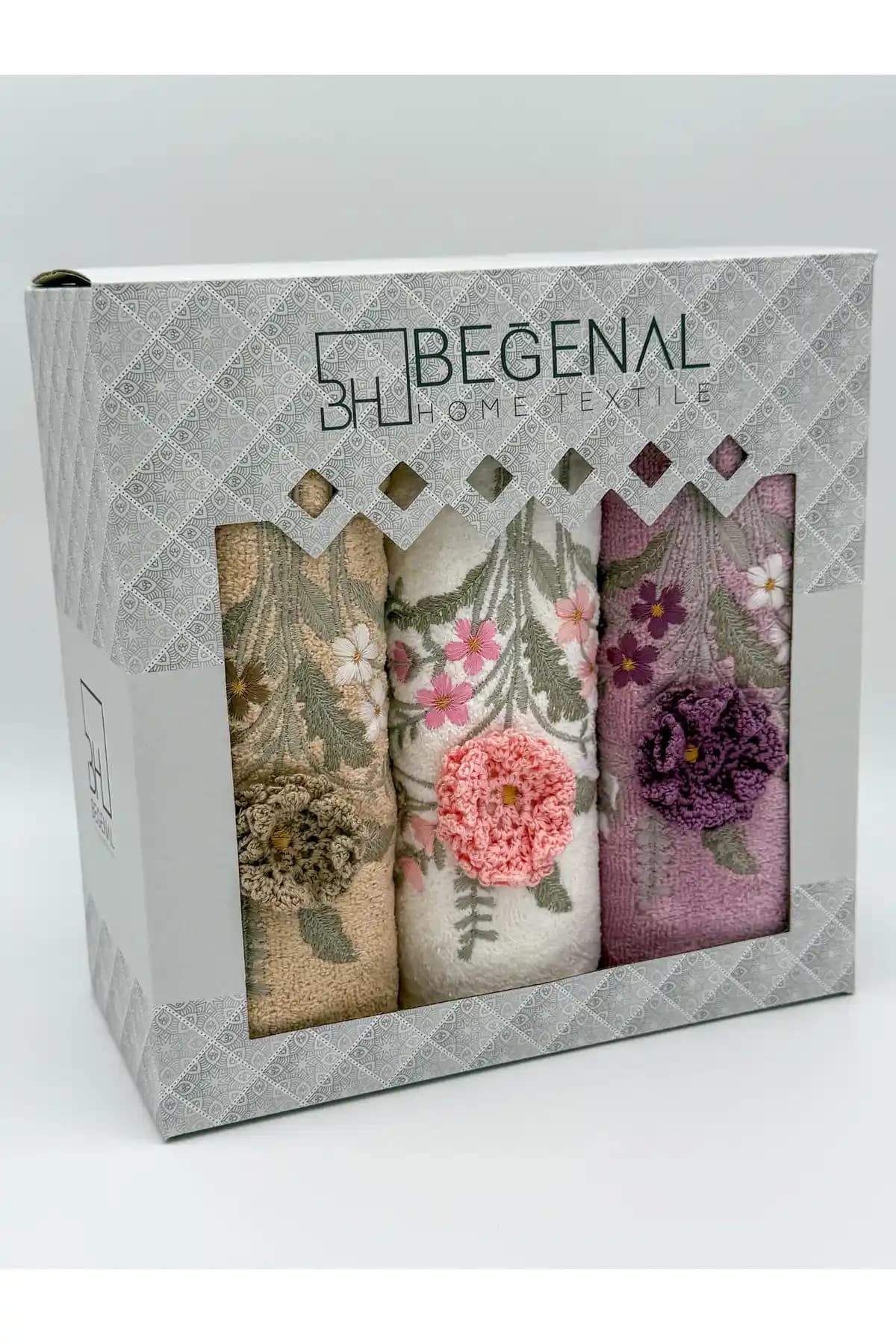 AYHANHOME 3'lü Kadife İşlemeli Çeyizlik Yüz Havlusu Seti 50x90 cm