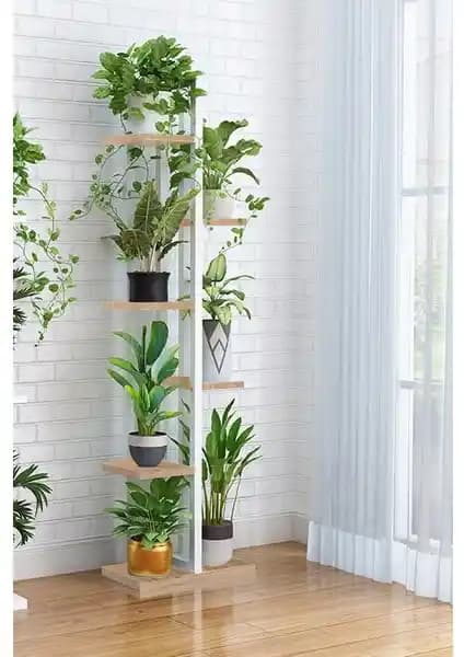 Boss Group Beyaz Metal Çerçeveli 6 Bölmeli Ahşap Raflı Modern Çiçeklik Dekorasyon Ürünü