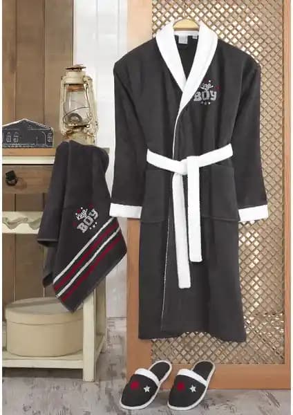 Çocuklar İçin Sağlıklı ve Şık Erkek Bornoz Seti Koyu Antrasit Renkli 85-104 cm Bedenler