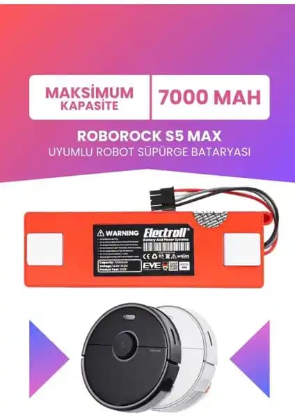 Electroll Roborock S5 Max Uyumlu 7000mAh Batarya ile Temizlik Performansını Artırın