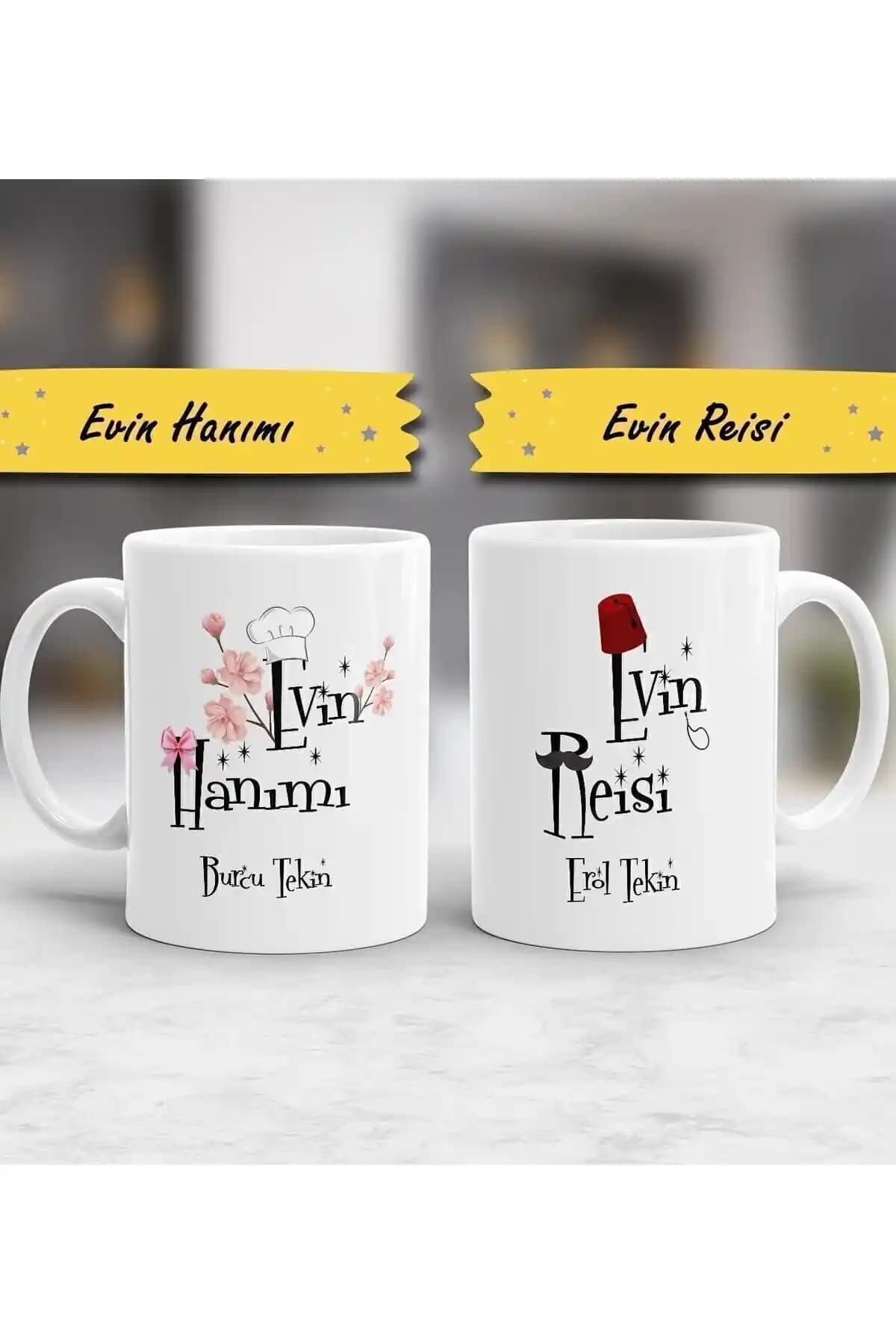 Evin Hanımı ve Evin Reisi Temalı Porselen Kupa Seti Şık ve Dayanıklı Tasarım