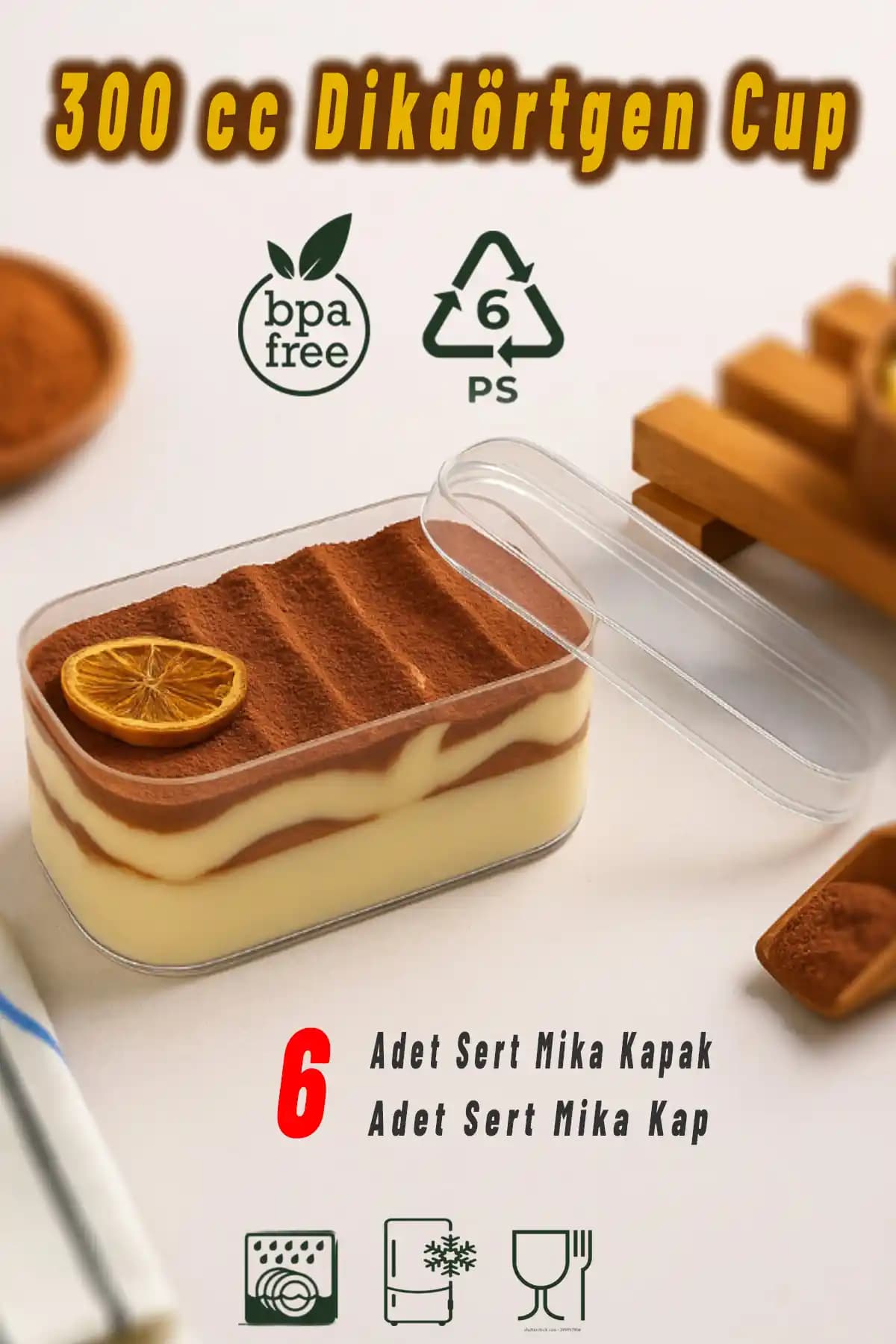 Ezupack 6'lı Tiramisu Kupası Seti 300 cc Plastik Şeffaf Kapaklı Sunum Kabı