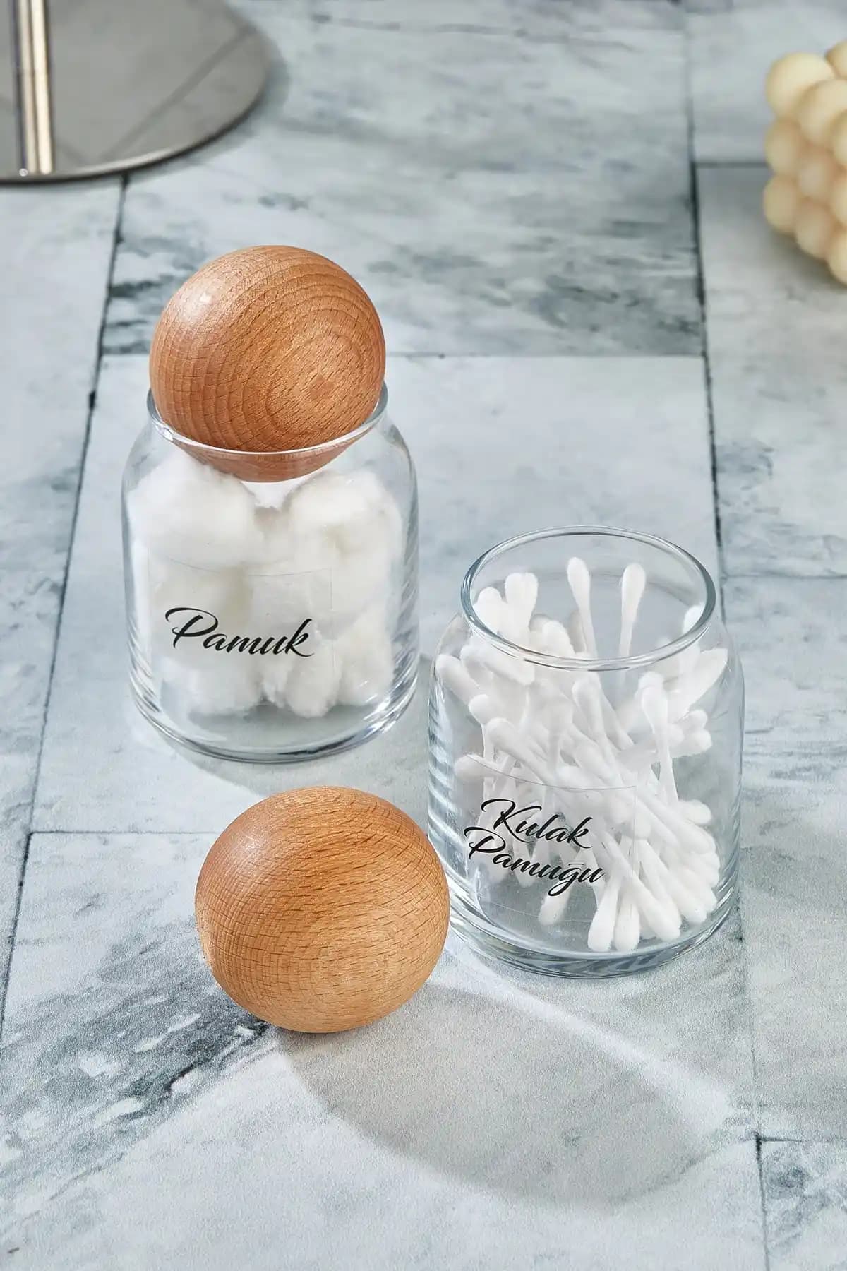 FBZhome 2'li Cam Kapaklı Kulak Pamuğu ve Pamuk Seti Modern ve Şık Banyo Aksesuarı