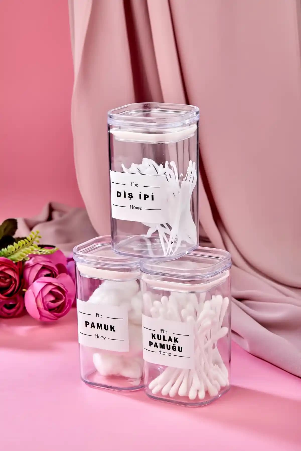 FBZhome 3'lü Kapaklı Akrilik Diş İpi Kulak Pamuğu ve Pamuk Banyo Seti