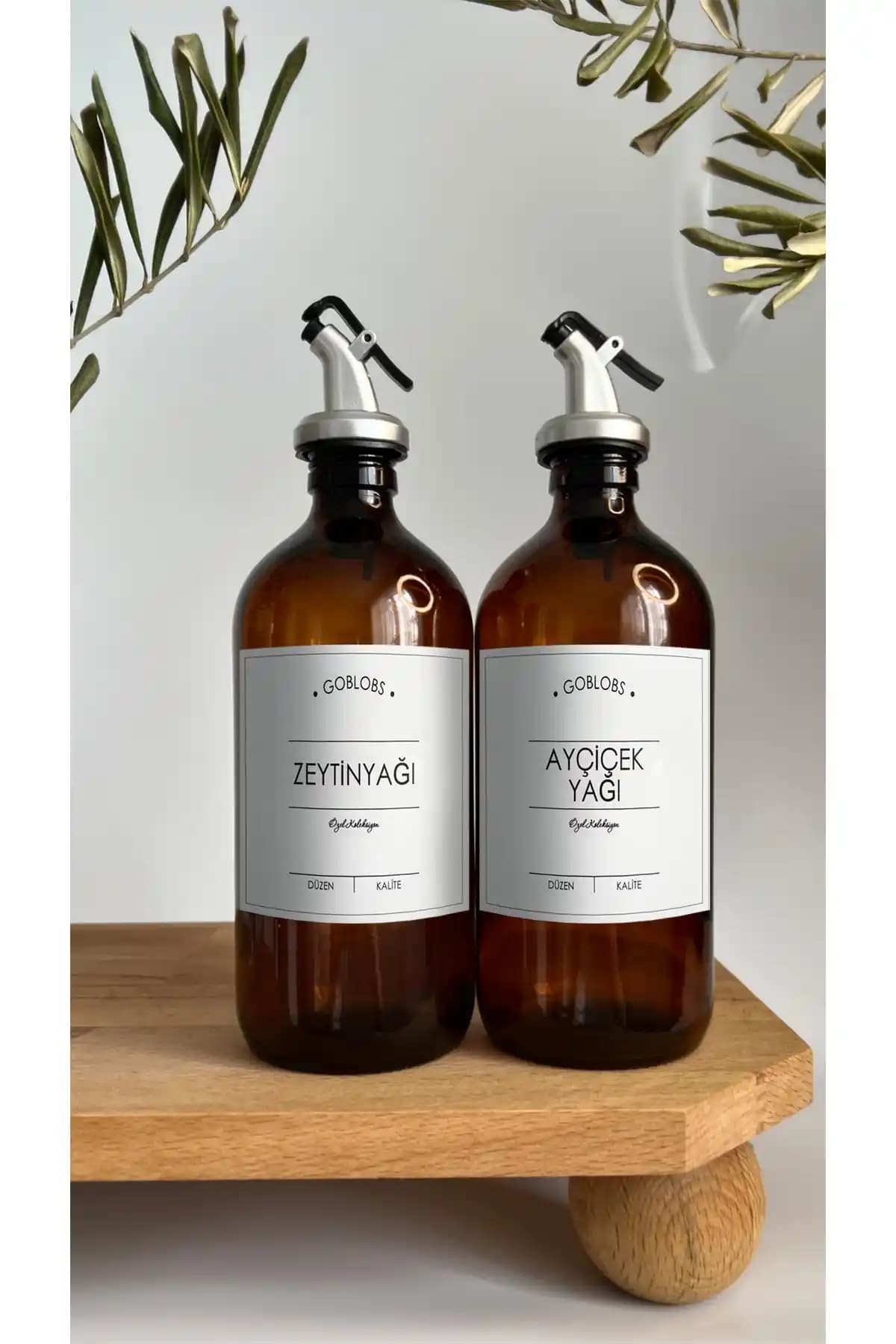 GO BLOBS Amber Cam Şişe 2'li Seti 500ml Zeytinyağı ve Ayçiçek Yağı Saklama Çözümü