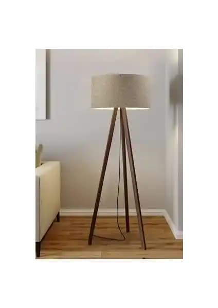 Homing Kum Beji Yuvarlak Kumaş Silindir Başlık Ahşap Üç Ayaklı Lambader