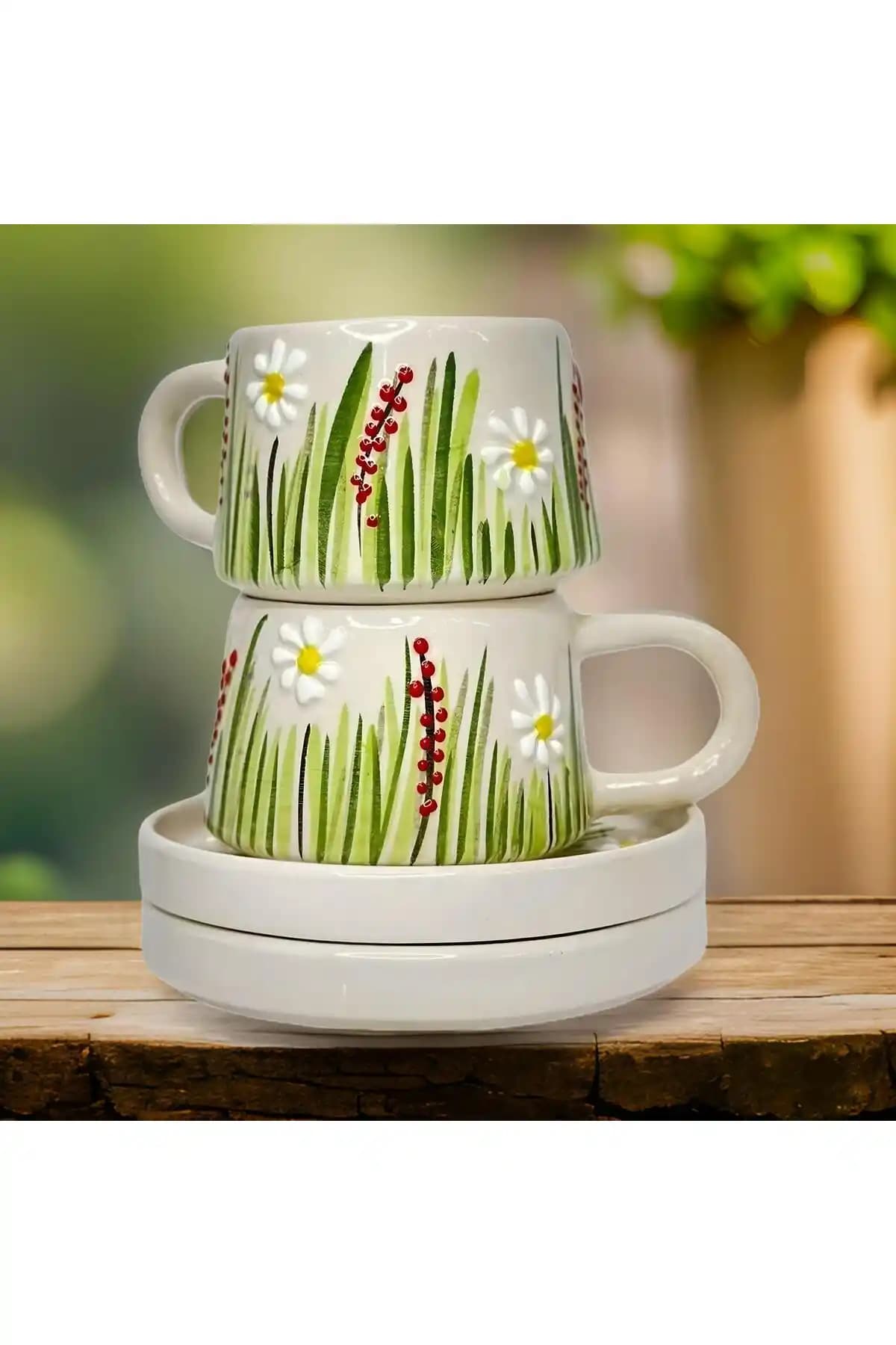 İlbay Çini Takı Beyaz Papatya Motifli Seramik Kupa ve Bardak Seti