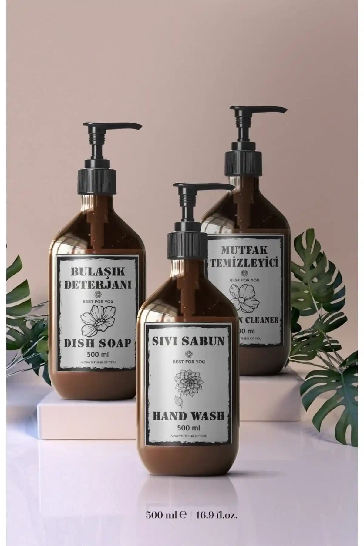 Jetstock 3'lü Amber Plastik Sıvı Sabun Şişeleri Mutfak Temizliği ve Estetiği İçin Uygun