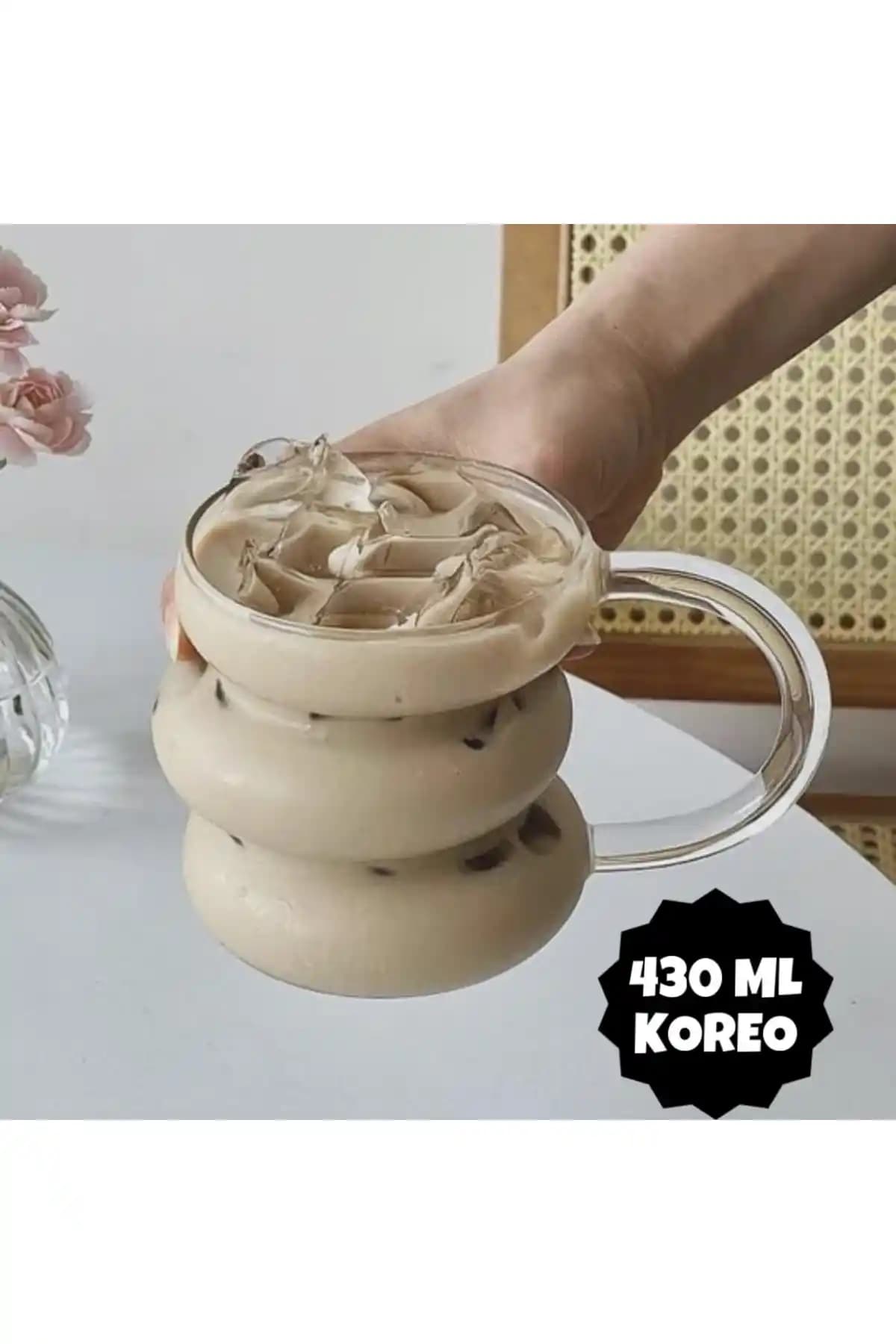 Koreo Ateşe Temas Edebilen Asimetrik Kulplu 430 ml Cam Bardak Modern Tasarım