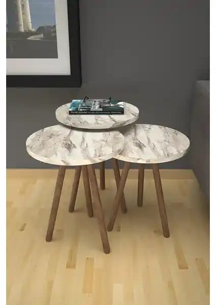 Limnizza Ahşap Ayaklı Zigon Sehpa Efes Mermer Desenli 3'lü Set Modern ve Şık Tasarım