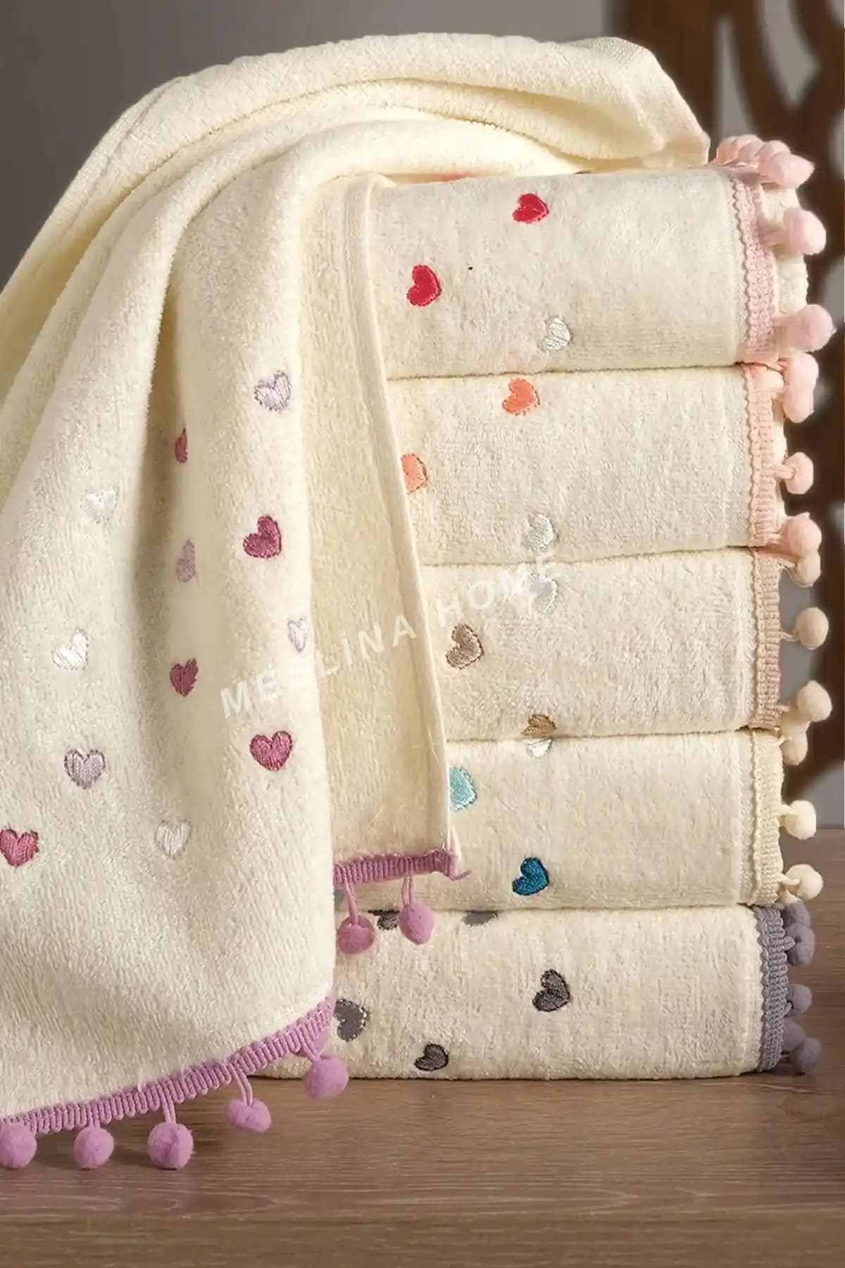 Meslina Home Ponponlu Nakışlı Havlu Seti 6'lı yüksek kaliteli pamuklu ve şık tasarım