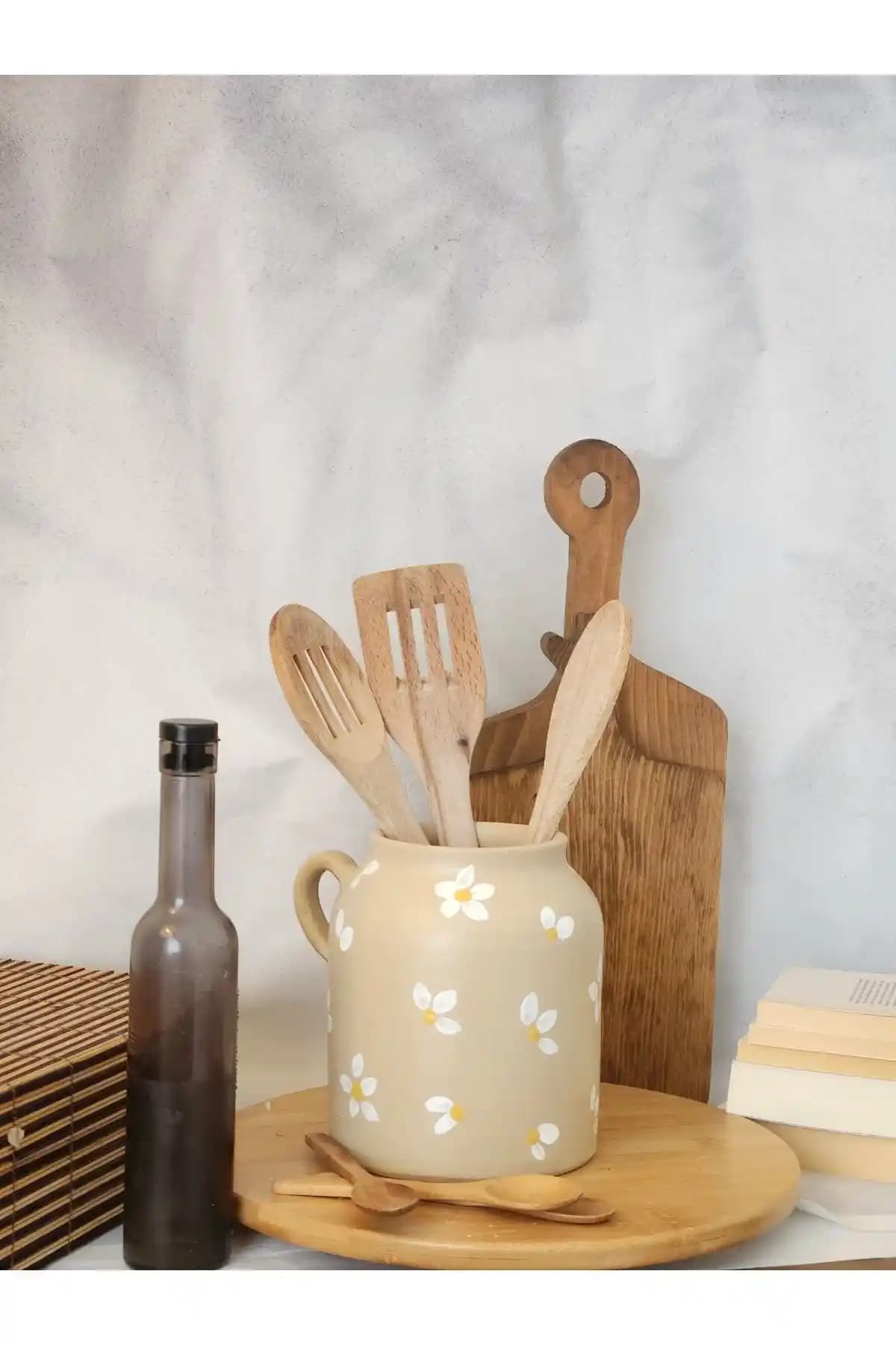 Mogolune El Yapımı Papatya Desenli Seramik ve Vazo Kaşıklık Dekoratif Parça