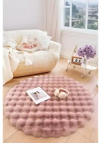 My Evilla Bubble Pembe Uzun Tüylü Yuvarlak Peluş Halı Dekorasyon ve Konfor İçin Uygun