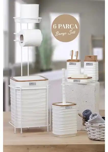Okyanus Home 6 Parça Beyaz Metal ve Ahşap Desenli Banyo Seti Günlük Kullanım ve Dekorasyon İçin Uygun
