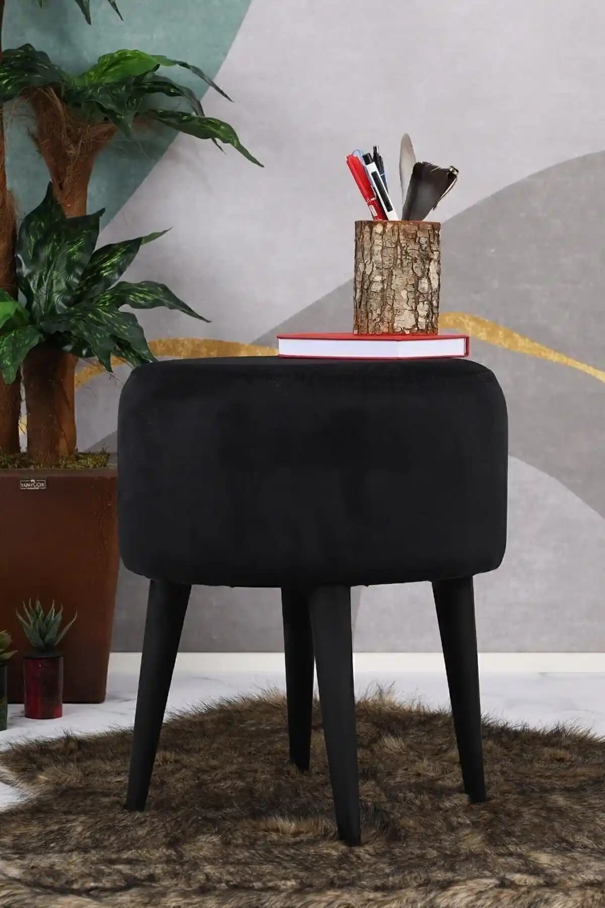 PufyHome Siyah Gürgen Ayaklı Çok Amaçlı Puf Koltuk Modern ve Dayanıklı Tasarım