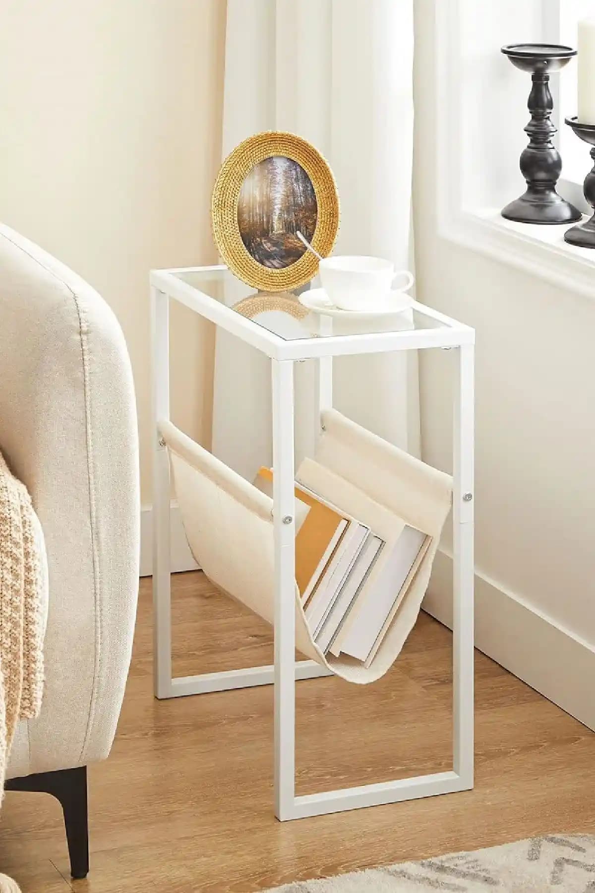 TOLIAHOME Beyaz Renk Temperli Cam Gazetelik ve Yan Sehpa Modern ve Dayanıklı Tasarım