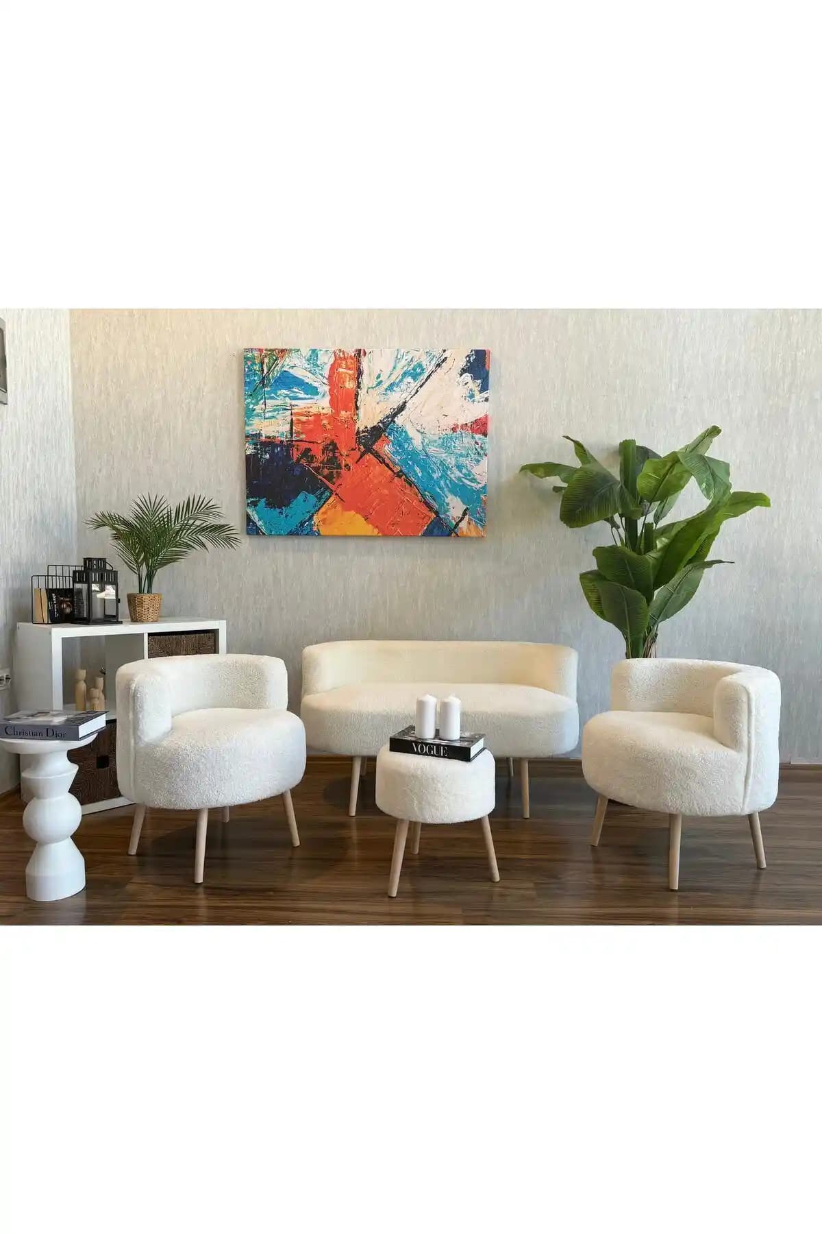 WEBPANYA Beyaz Teddy Kumaş Çay Seti Koltuk Takımı Modern ve Dayanıklı Tasarım