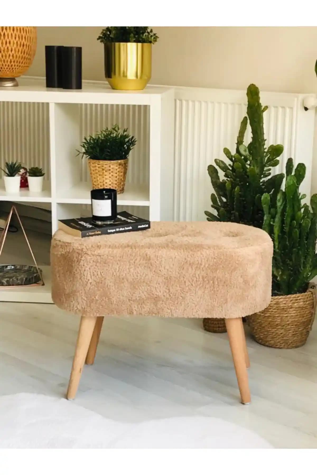 WEBPANYA Gürgen Ahşap Ayaklı Oval Kumaş Puf Modern İç Mekan Dekorasyonu İçin