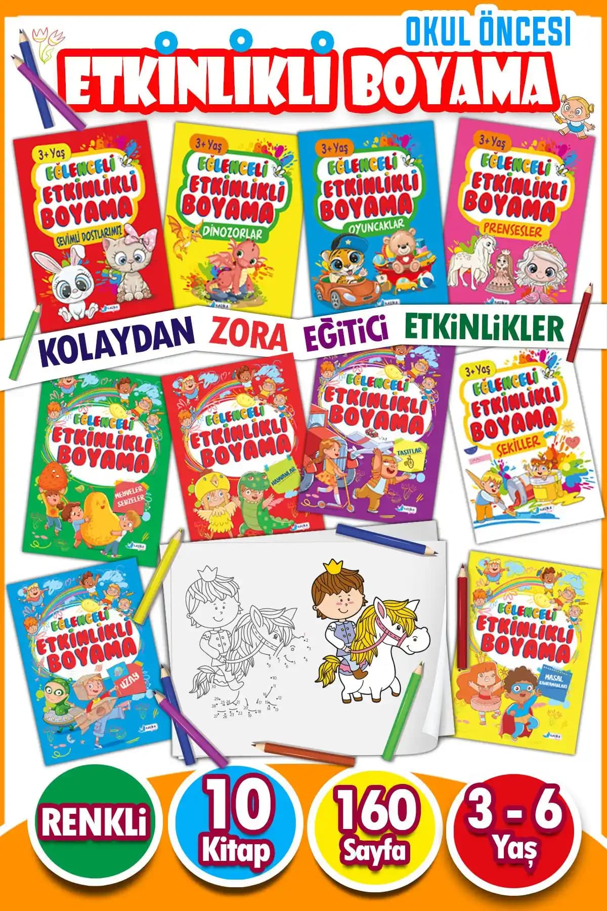 Çocuklar İçin Eğitici ve Eğlenceli 10 Kitaplı Boyama Seti Gelişim ve Yaratıcılığı Destekler