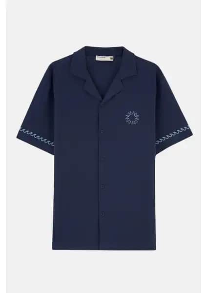 WWF Market Güneş ve Dalga Müslin Gömlek Lacivert Unisex Yazlık Şık ve Rahat Tasarım