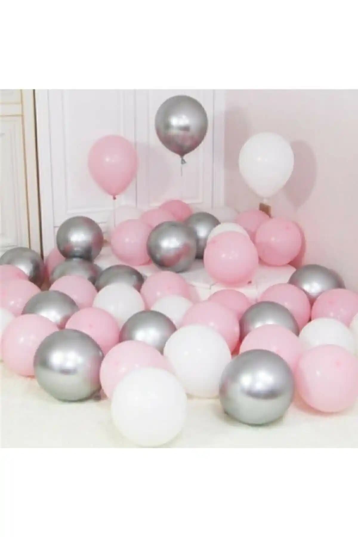 BalonEvi 30'lu Metalik Balon Seti Gümüş Pembe Beyaz Modern Dekorasyon Malzemesi