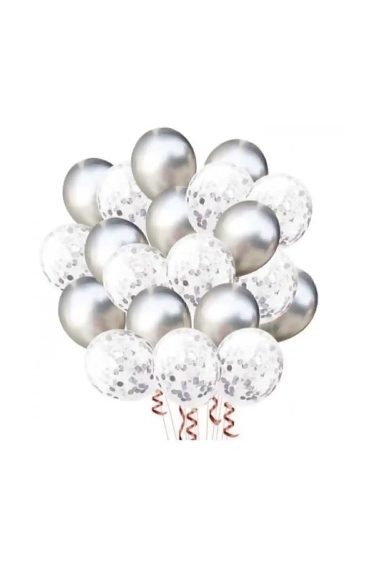 BalonEvi Gümüş Konfetli Balon Seti ile Şık ve Parlak Etkinlik Dekorasyonu