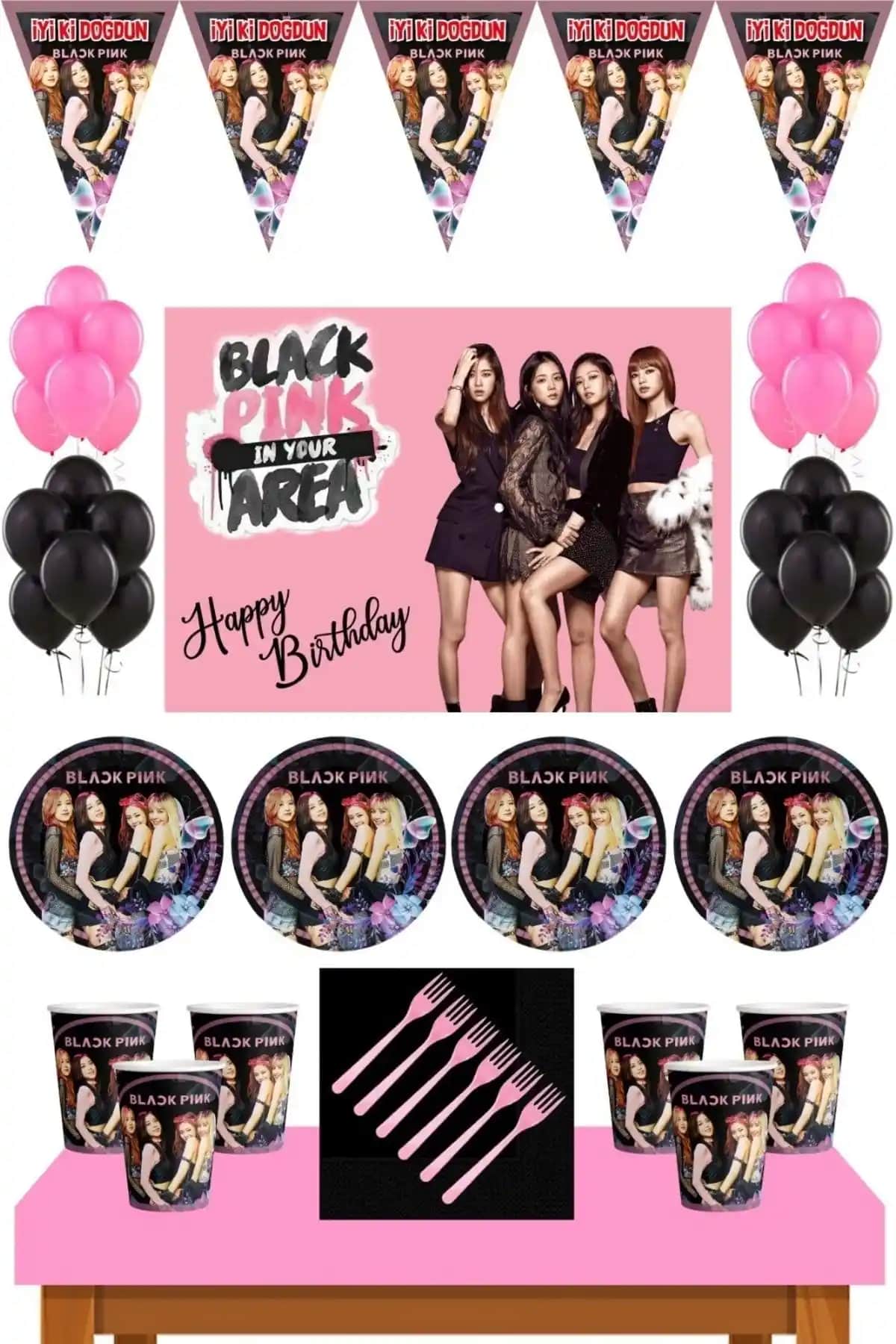 BLACK PINK Temalı 16 Kişilik Doğum Günü Parti Malzemeleri Seti Renkli ve Eğlenceli Dekorasyon