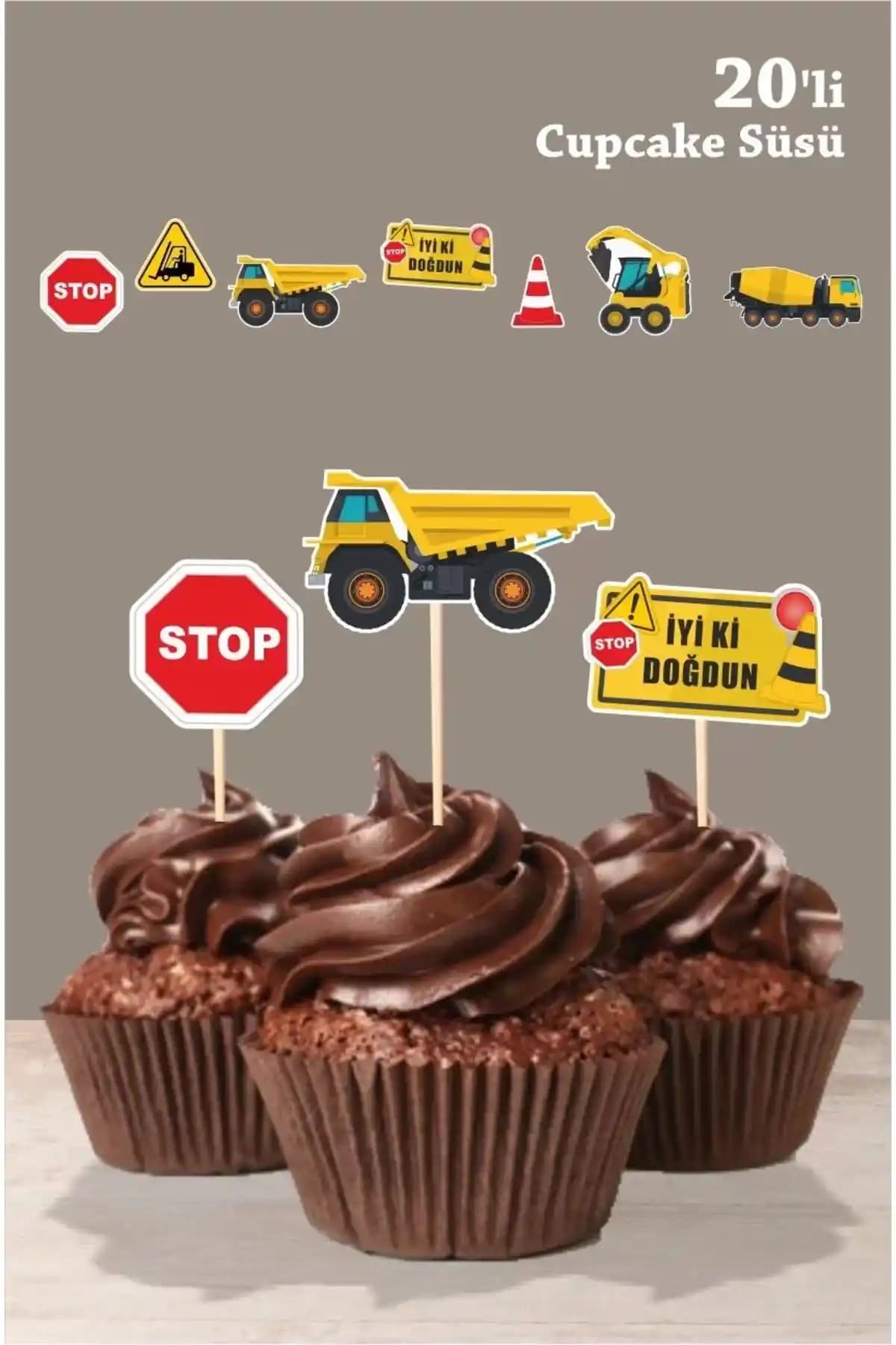 Çocuklar İçin Güvenli ve Eğlenceli İş Makinesi Temalı Cupcake Süsü