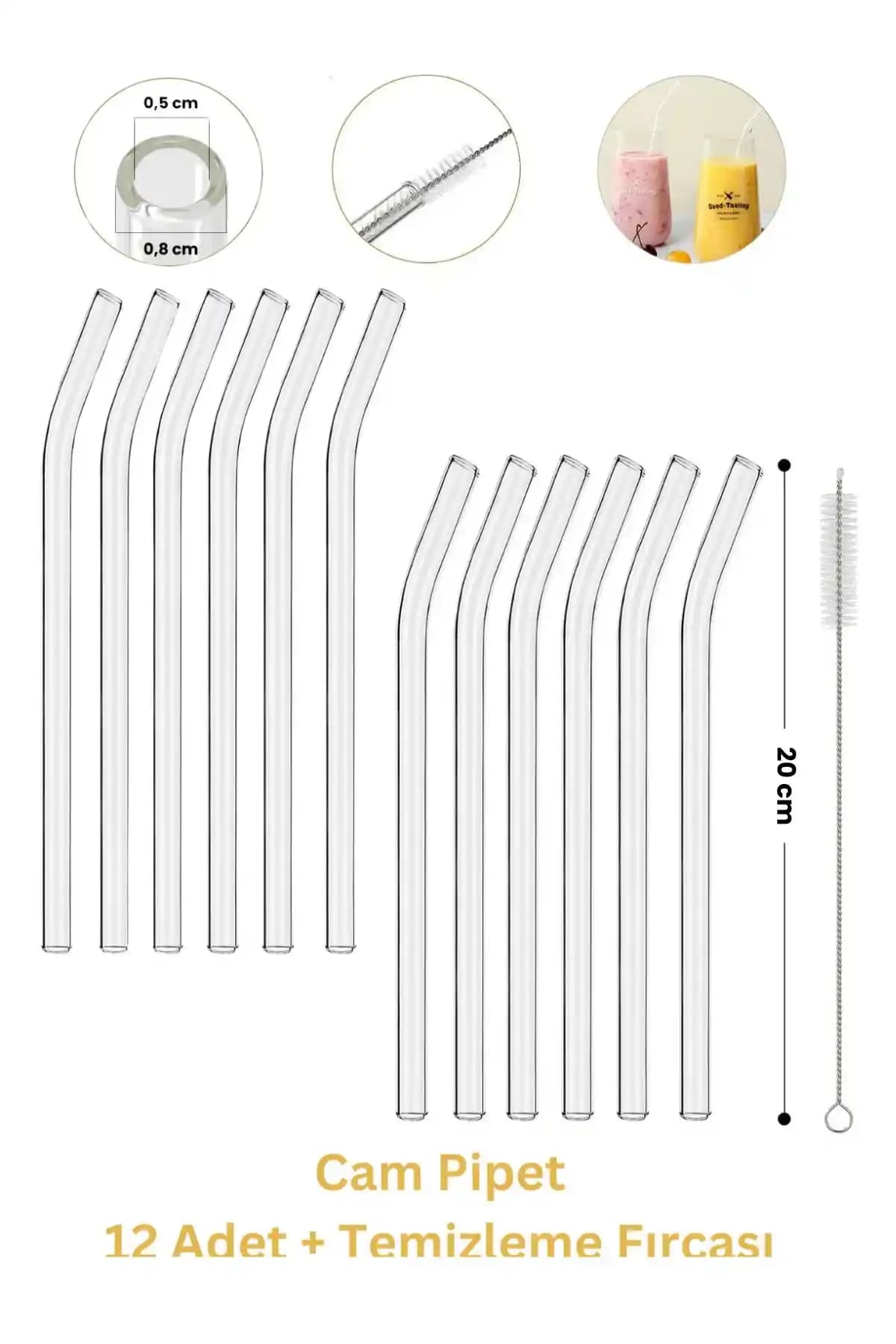 ERKUGO 12'li Cam Pipet ve Temizleme Fırçası Seti Şıklık ve Sağlıklı Kullanım İçin Uygun