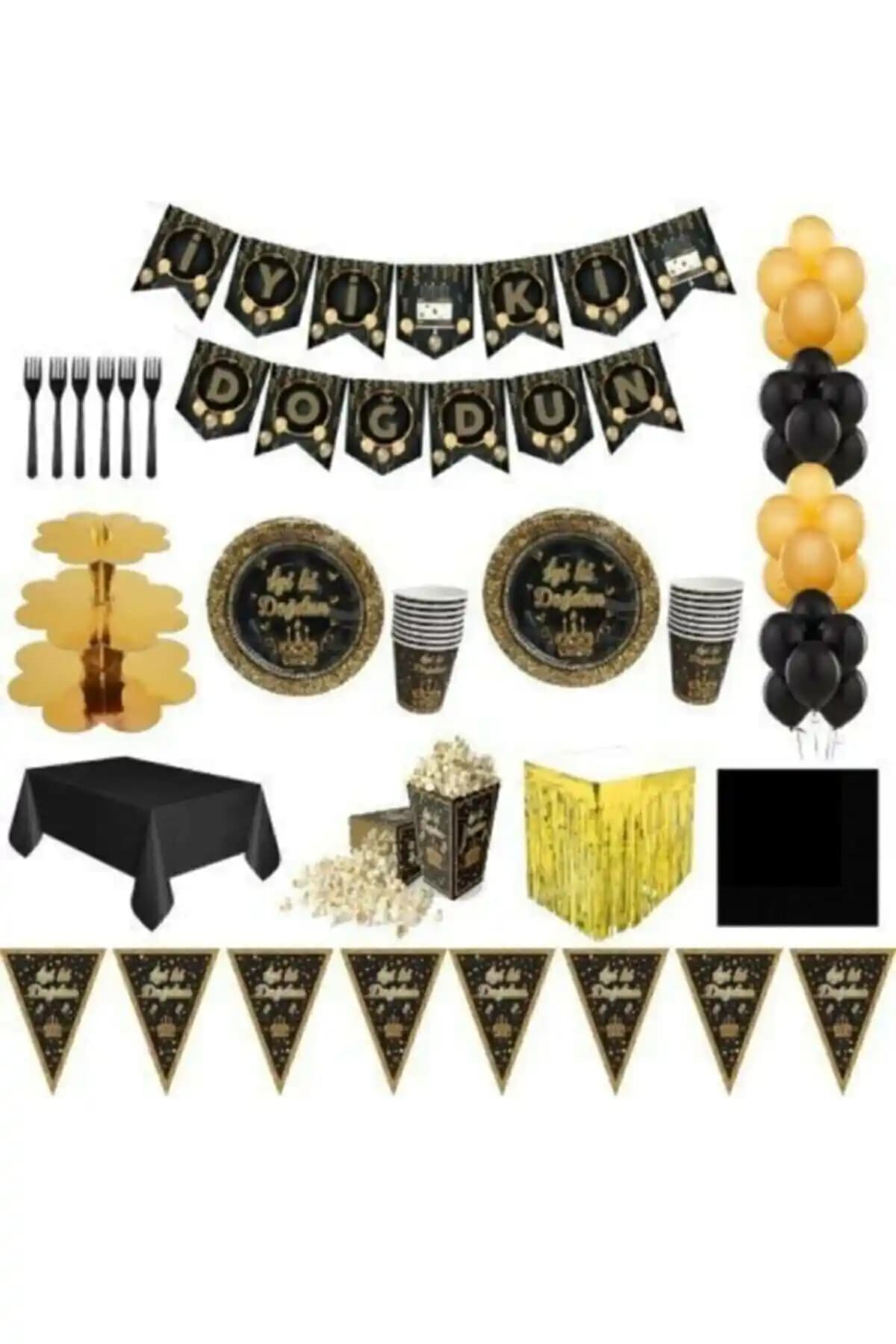 Fixman 16 Kişilik Siyah Gold Lüks Doğum Günü Seti: Şık ve Dayanıklı Parti Malzemeleri