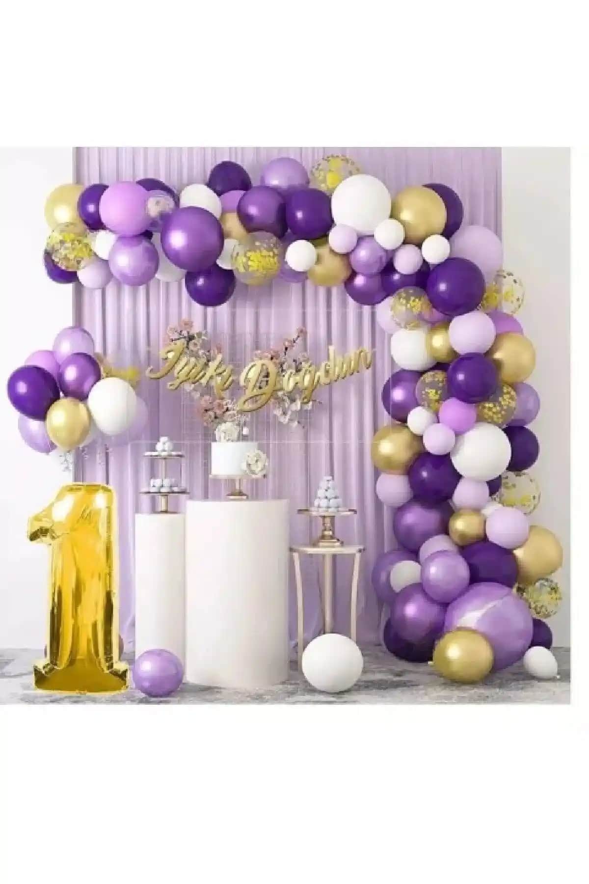 Genel Markalar Pullu Balonlu 36 Cm 1 Yaş Macaron Mor Balon Zinciri Seti Dekorasyon