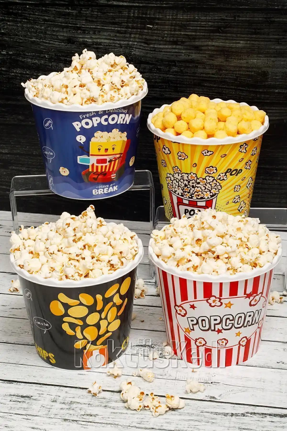 KaktüsKedi 4'lü Patlamış Mısır Kovası Seti Film Geceleri İçin Pratik ve Renkli Tasarım