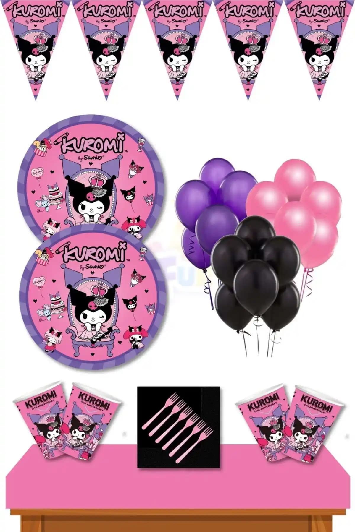 Kuromi Temalı Parti Malzemeleri Seti 16 Kişilik Doğum Günü ve Kutlama Dekorasyonu