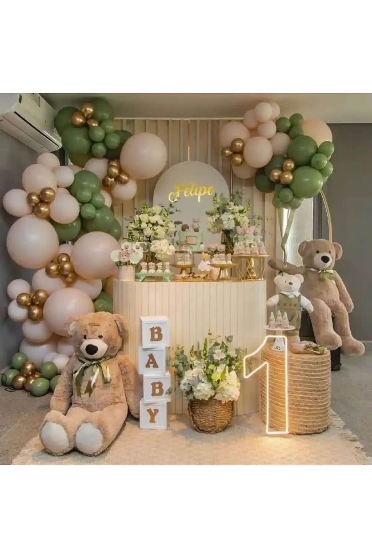 Merı Parti Küf Yeşili ve Ten Rengi Gold Krom Konsept Balon ve Zincir Seti