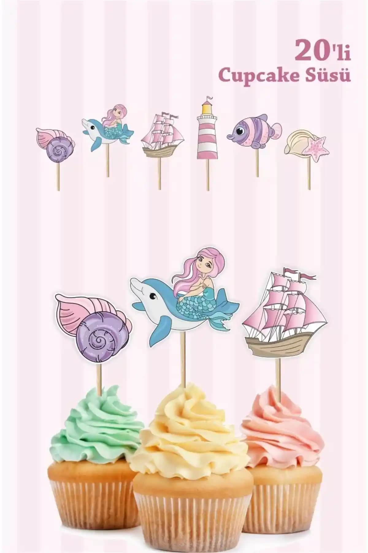 Neşeli Günlerim Deniz Kızı Cupcake Kürdan Süsü: Renkli ve Dayanıklı Çocuk Partisi Dekoru