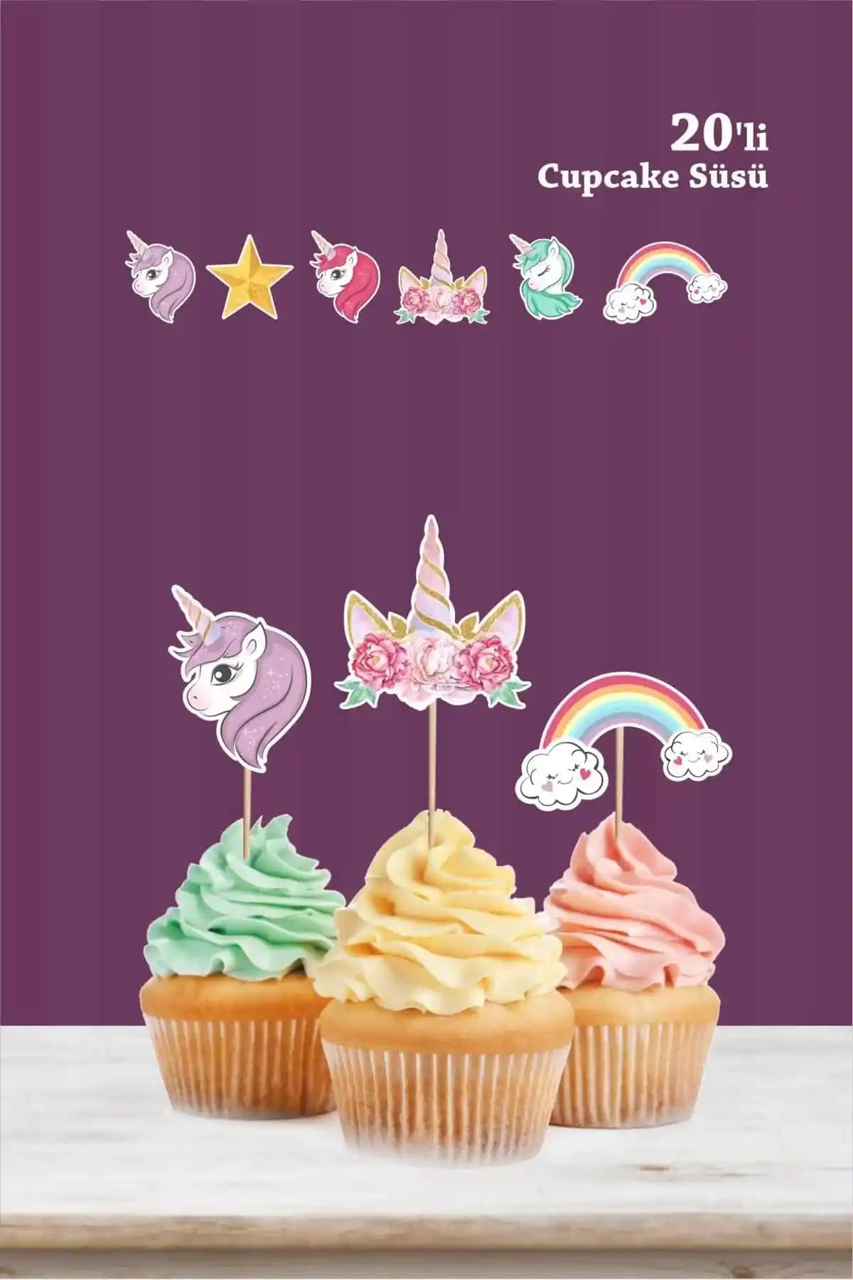 Neşeli Günlerim Unicorn Kürdanlı Cupcake Süsü ile Renkli ve Dayanıklı Parti Dekorasyonu