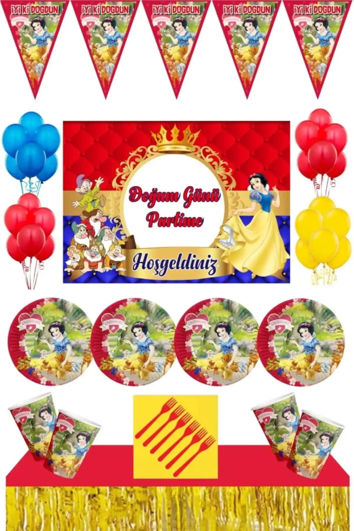 Pamuk Prenses Temalı Parti Malzemeleri Seti 16 Kişilik Eğlenceli ve Kolay Kullanım