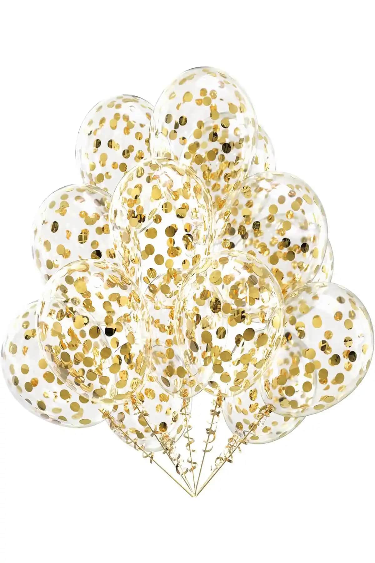 Parti Dolabı 10 Adet Gold Konfetili Şeffaf Balon Seti ile Şık ve Parlak Dekorasyonlar