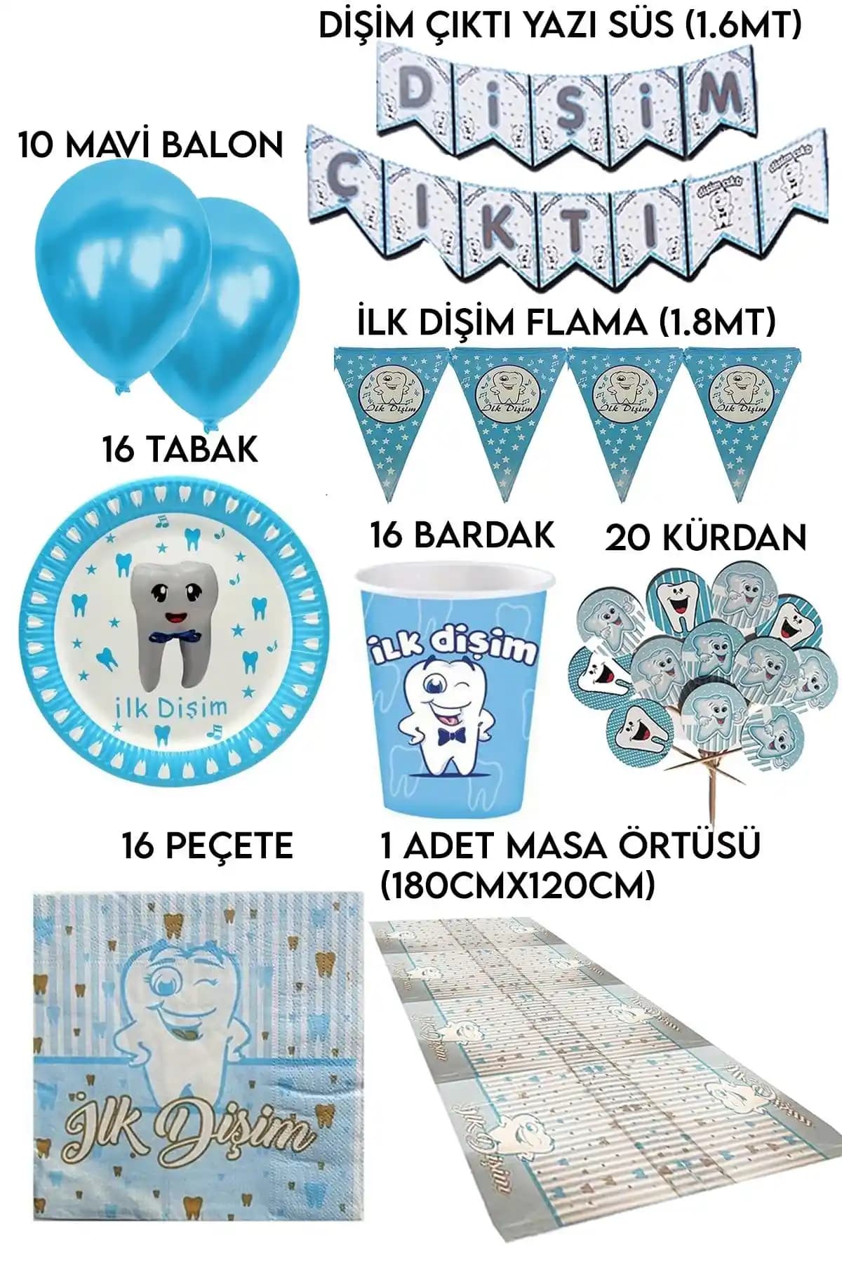 Parti Dolabı 16 Kişilik Mavi Diş Buğdayı Günü Parti Süsleri Seti Detaylı İnceleme