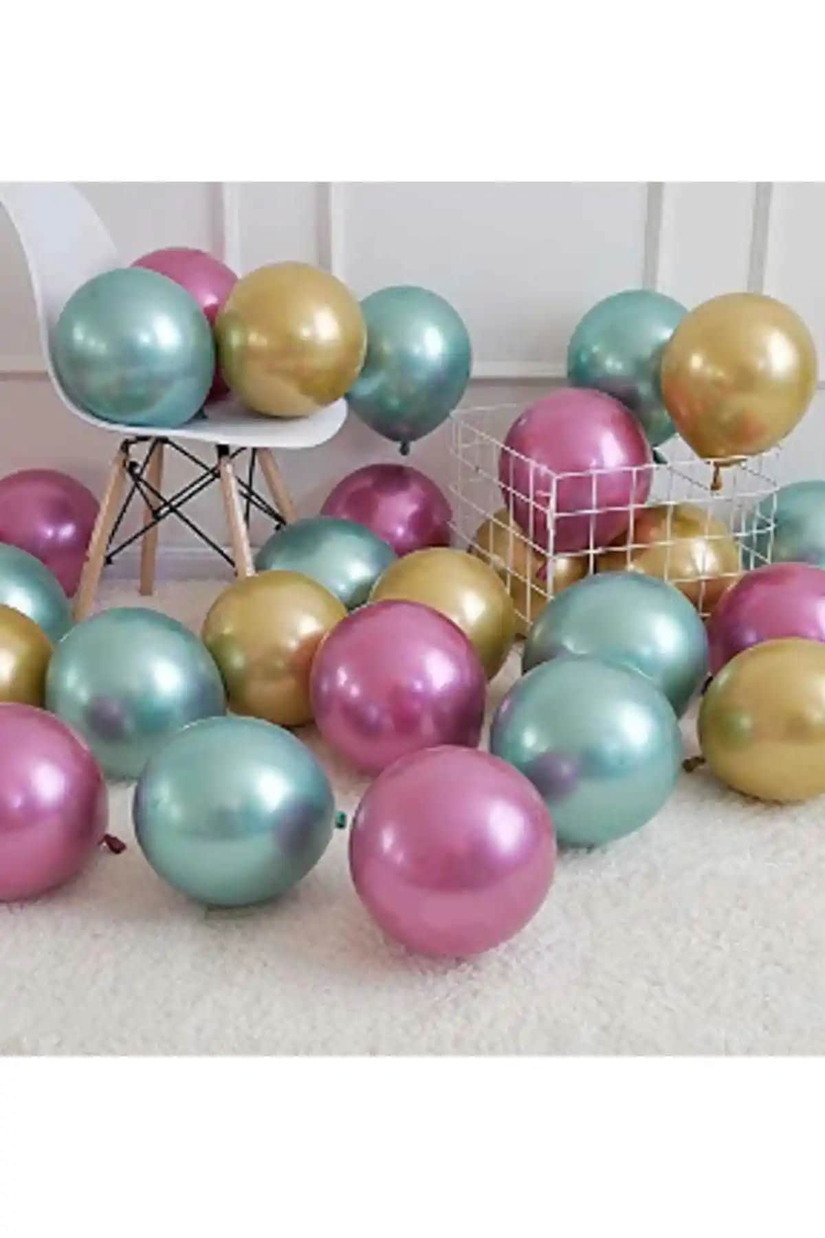 Parti Dolabı Krom Parlak Metalik Balon Seti Yeşil Pembe Altın Renk 10'lu