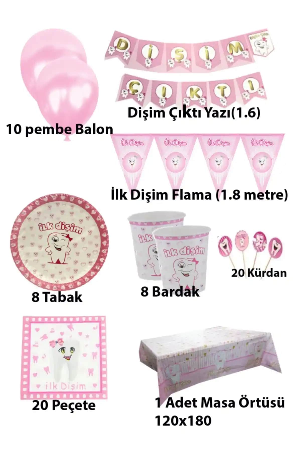 Pembe İlk Diş Seti Parti Dolabı Çocuk Doğum Günü ve Diş Çıkarması Kutlamaları İçin