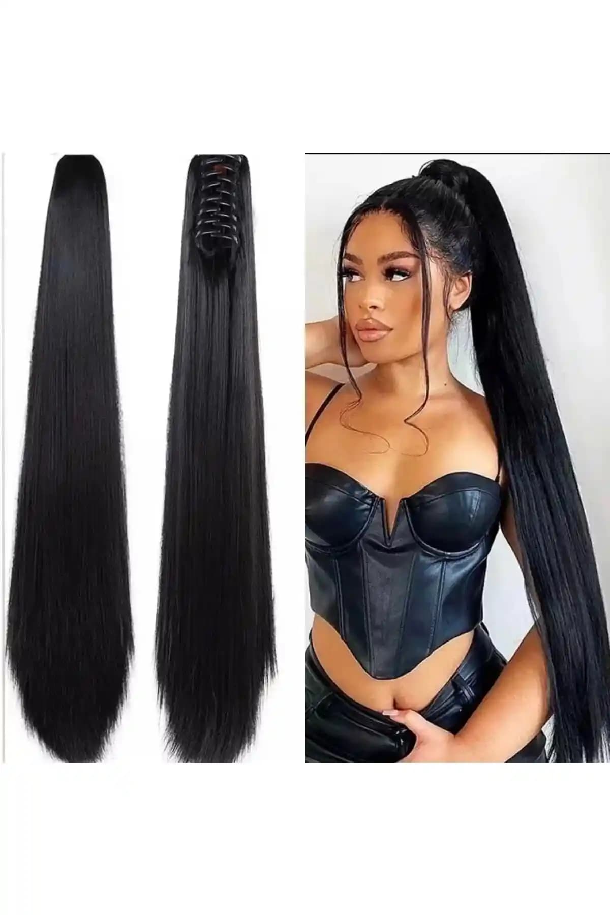 Toprak Peruk Düz Siyah Tokalı At Kuyruğu Postiş: Doğal ve Kullanışlı Saç Aksesuarı