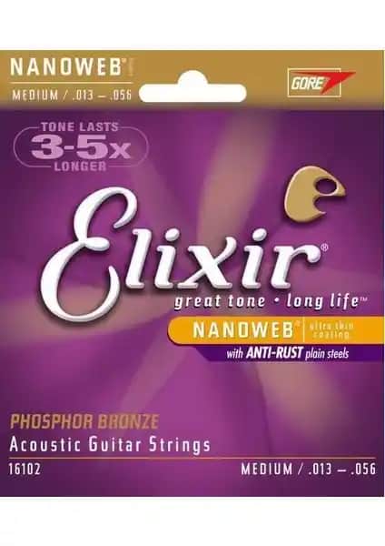 Elixir 16102 Nanoweb Fosfor Bronza Akustik Gitar Telleri Uzun Ömür ve Mükemmel Ton İçin