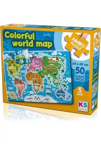KS Games Renkli Dünya Haritası Puzzle 50 Parça Çocuklar İçin Eğitici ve Güvenli Oyun Aracı