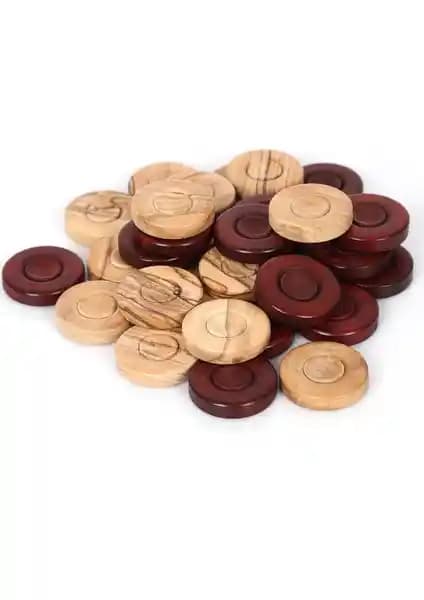 El İşçiliğiyle Üretilmiş Zeytin ve Şimşir Ağacından Hareli Tavla Pulu Seti 35 mm