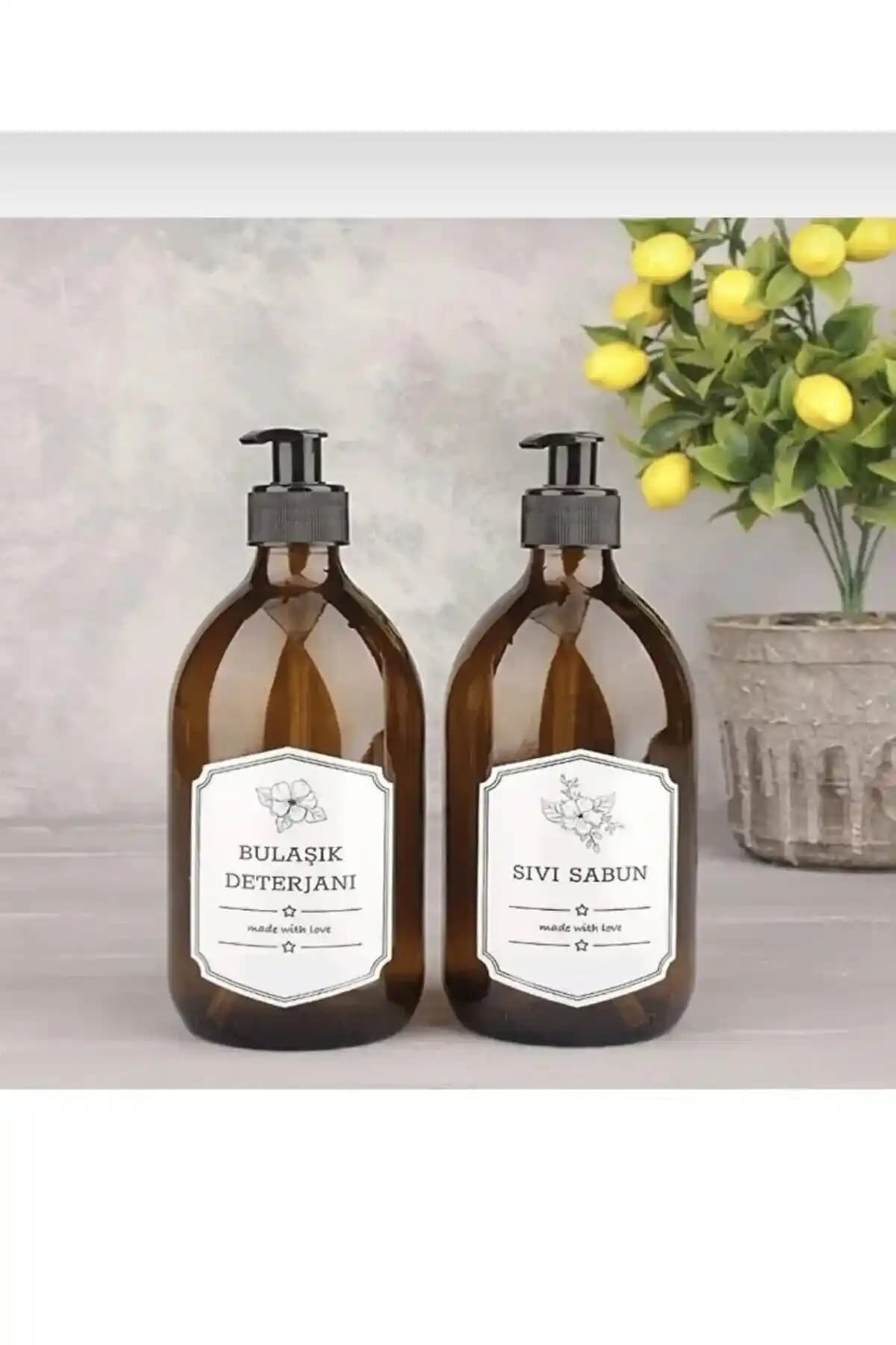 Amentes 300 ml Amber Cam Sıvı Sabunluk ve Bulaşık Deterjanlık Seti – Şık Mutfak Düzeni