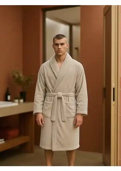 Asev Tekstil Pamuklu Unisex Bornozu – Bej, Orta Boy, Cepleri Var, Şal Yaka Yıkanabilir