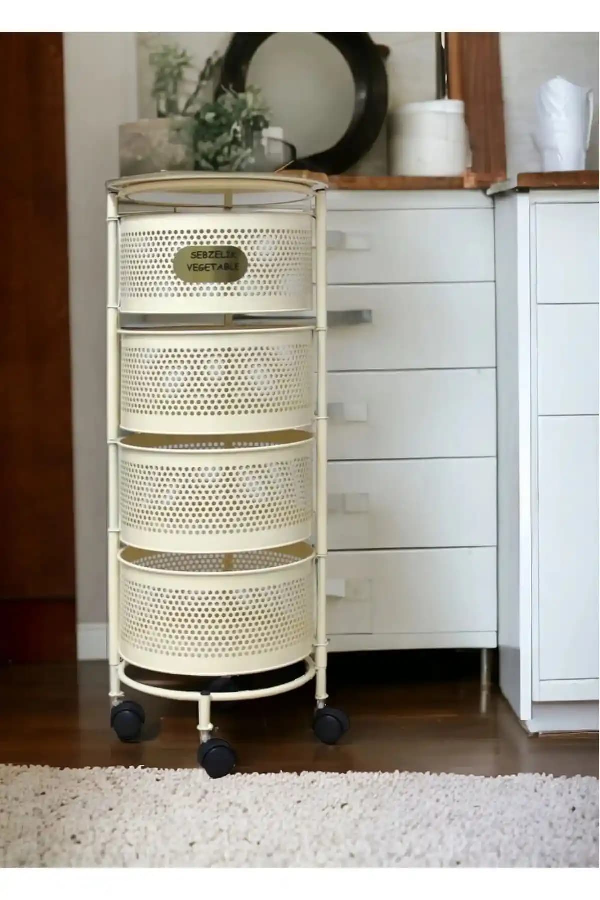 Bayev Salda Krem 4 Katlı Tekerlekli Sebzelik: Yana Açılır Bölmeli Patates-Soğan Rafı